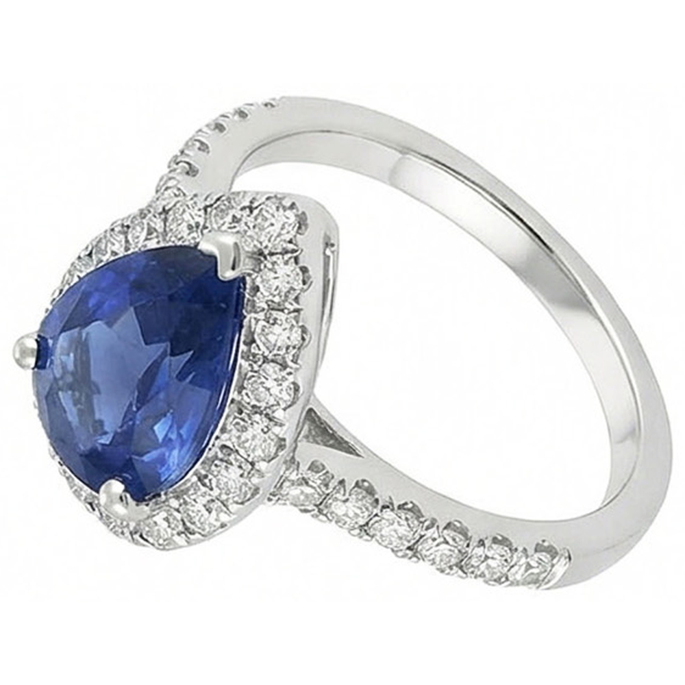 Halo Sapphire Pear Engagement Natural Earth Mined Diamond ( Not Lab Grown )  Ring