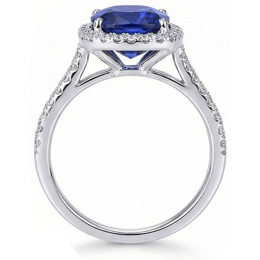 Halo Sri Lankan Sapphire And Natural Earth Mined Diamond ( Not Lab Grown )  White Gold 14K Ring 7.80 Ct