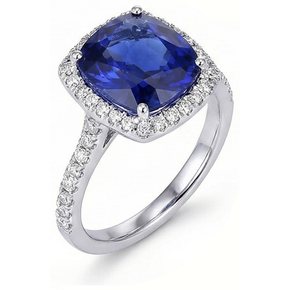 Halo Sri Lankan Sapphire And Natural Earth Mined Diamond ( Not Lab Grown )  White Gold 14K Ring 7.80 Ct