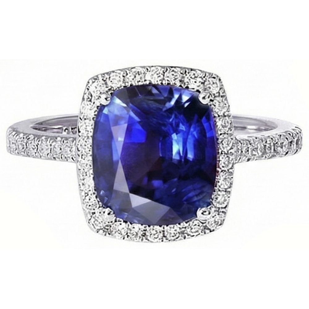 Halo Sri Lankan Sapphire And Natural Earth Mined Diamond ( Not Lab Grown )  White Gold 14K Ring 7.80 Ct