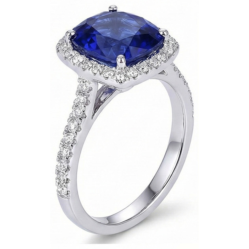 Halo Sri Lankan Sapphire And Natural Earth Mined Diamond ( Not Lab Grown )  White Gold 14K Ring 7.80 Ct