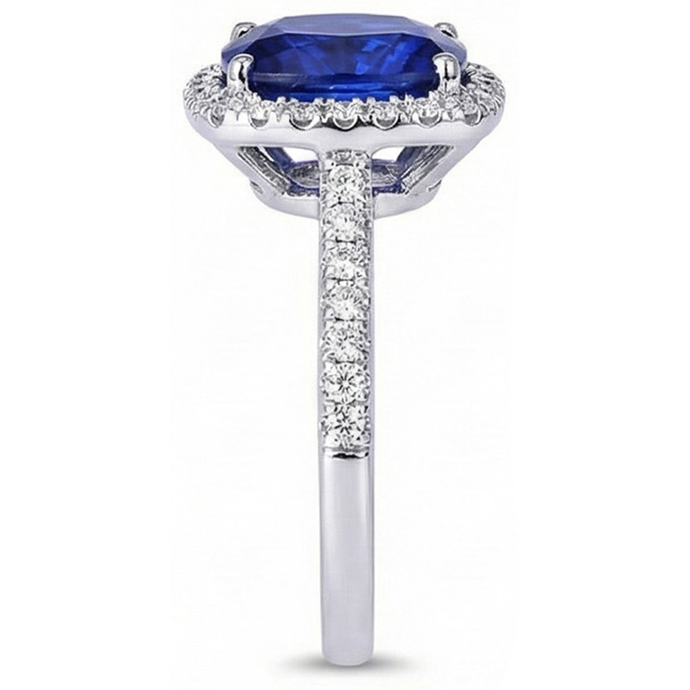 Halo Sri Lankan Sapphire And Natural Earth Mined Diamond ( Not Lab Grown )  White Gold 14K Ring 7.80 Ct
