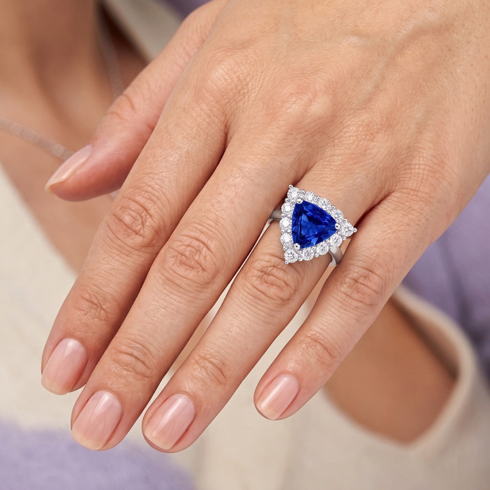 Halo Trillion Blue Sapphire Ring 2.50 Carats Round Natural Earth Mined Diamond ( Not Lab Grown ) Jewelry