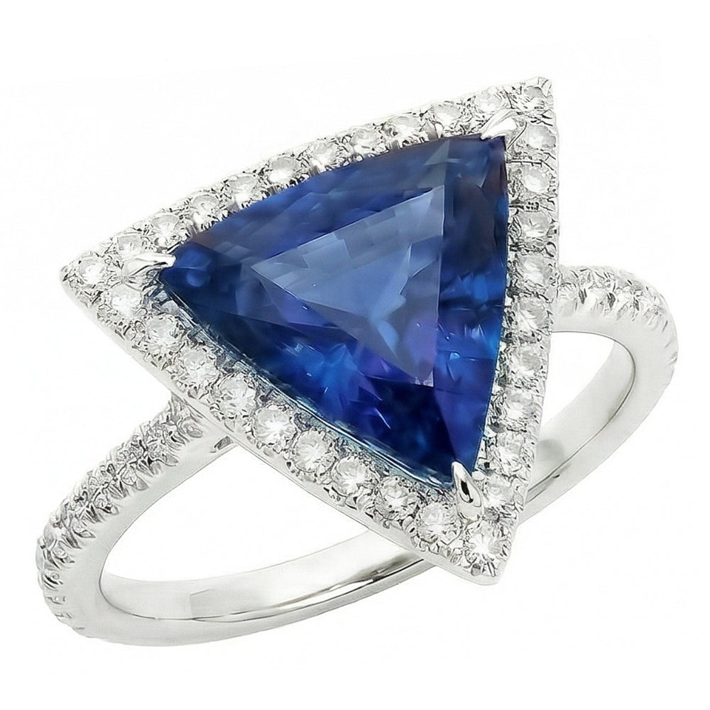 Halo Trillion Sapphire Ring 5 Carats Pave Set Natural Earth Mined Diamond ( Not Lab Grown ) Accents Gold 14K