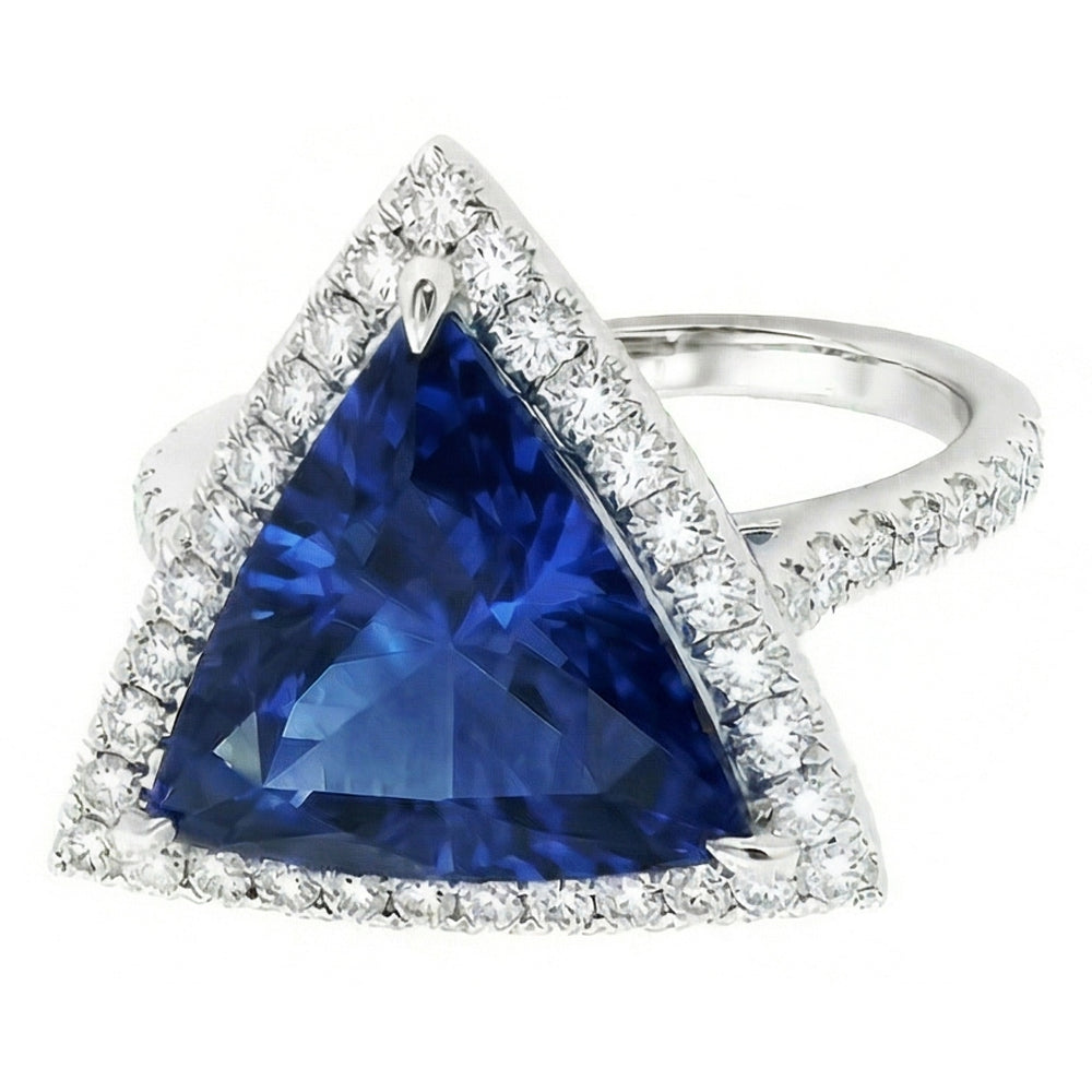 Halo Trillion Sapphire Ring 5 Carats Pave Set Natural Earth Mined Diamond ( Not Lab Grown ) Accents Gold 14K