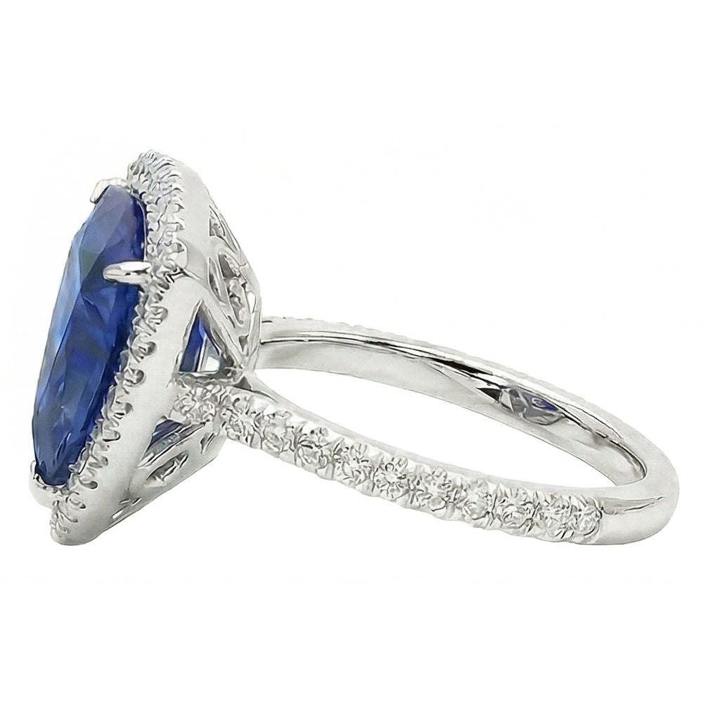 Halo Trillion Sapphire Ring 5 Carats Pave Set Natural Earth Mined Diamond ( Not Lab Grown ) Accents Gold 14K