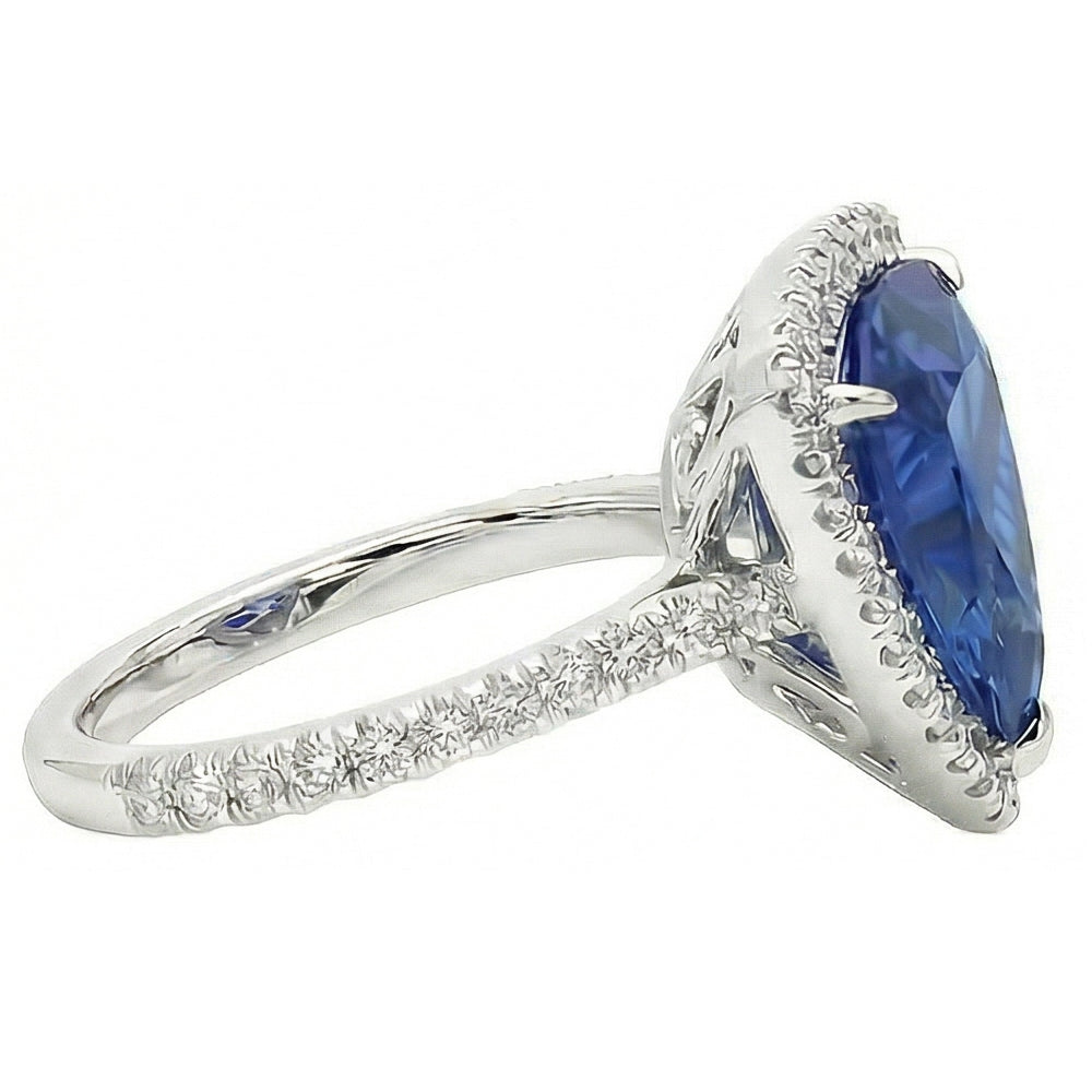 Halo Trillion Sapphire Ring 5 Carats Pave Set Natural Earth Mined Diamond ( Not Lab Grown ) Accents Gold 14K