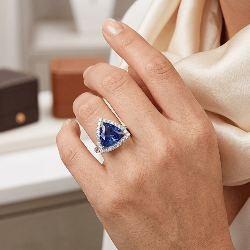 Halo Trillion Sapphire Ring 5 Carats Pave Set Natural Earth Mined Diamond ( Not Lab Grown ) Accents Gold 14K
