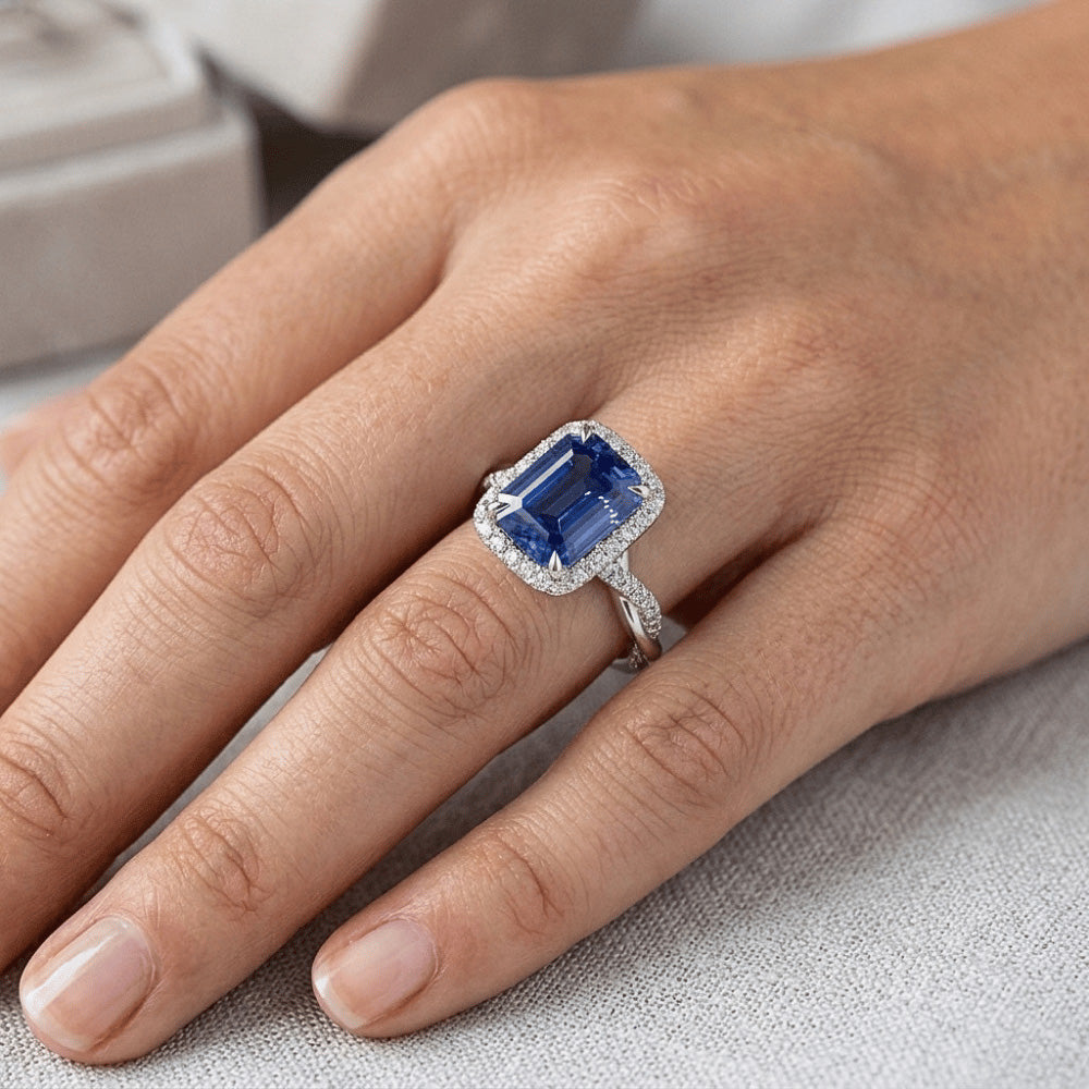 Halo Twist Ring Style Emerald Ceylon Sapphire & Natural Earth Mined Diamond ( Not Lab Grown )s 4.25 Carats
