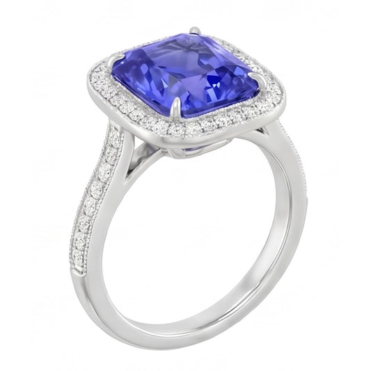 Halo Wedding Ring Radiant Blue Sapphire 3.50 Carats Natural Earth Mined Diamond ( Not Lab Grown ) Accents