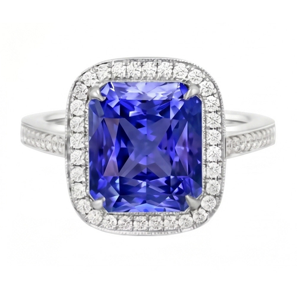 Halo Wedding Ring Radiant Blue Sapphire 3.50 Carats Natural Earth Mined Diamond ( Not Lab Grown ) Accents