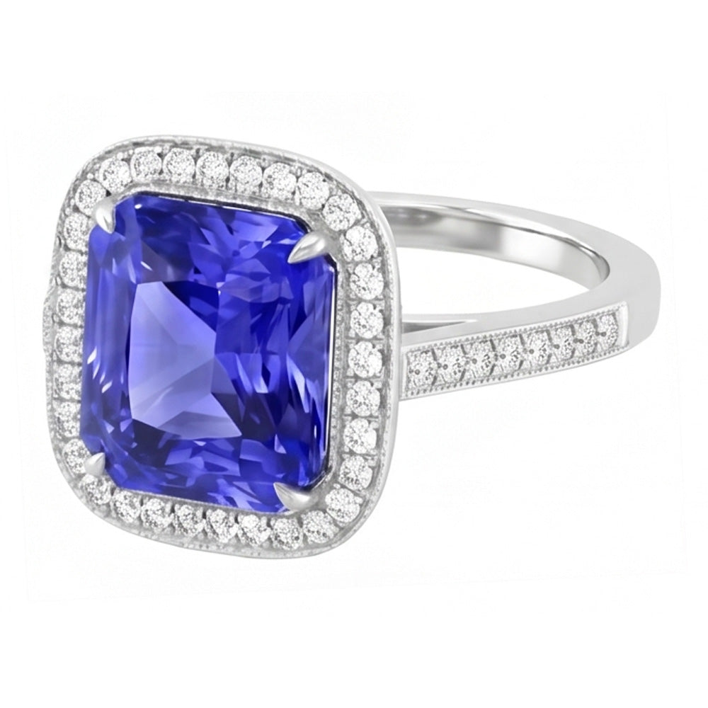 Halo Wedding Ring Radiant Blue Sapphire 3.50 Carats Natural Earth Mined Diamond ( Not Lab Grown ) Accents