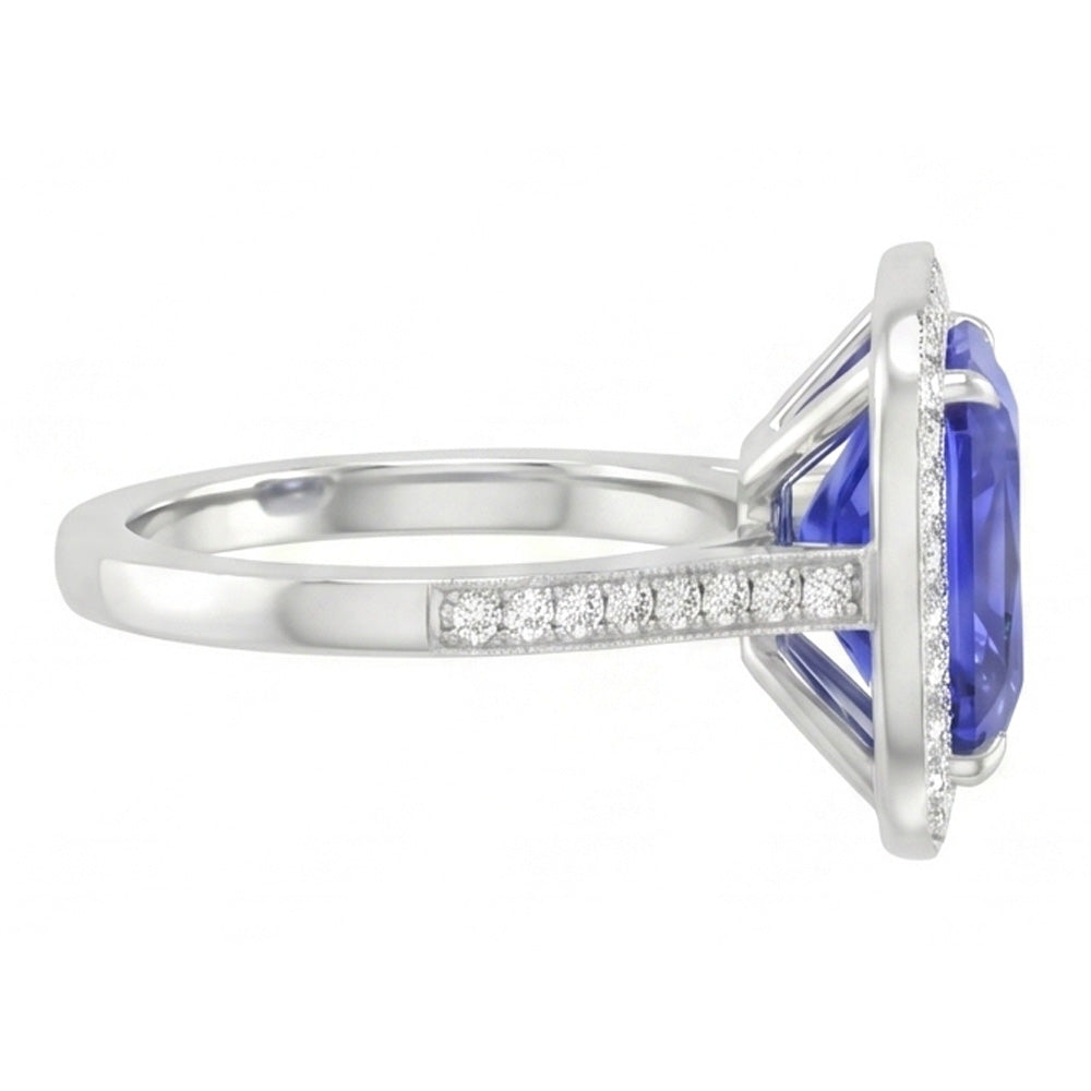 Halo Wedding Ring Radiant Blue Sapphire 3.50 Carats Natural Earth Mined Diamond ( Not Lab Grown ) Accents