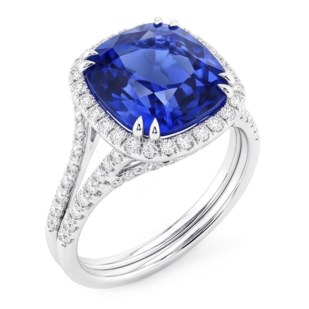 Halo Wedding Ring Set Cushion Sapphire Split Shank Jewelry 6 Carats