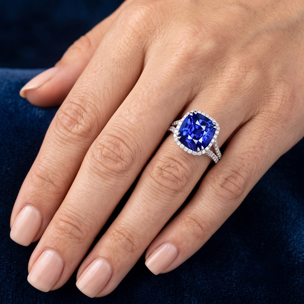 Halo Wedding Ring Set Cushion Sapphire Split Shank Jewelry 6 Carats