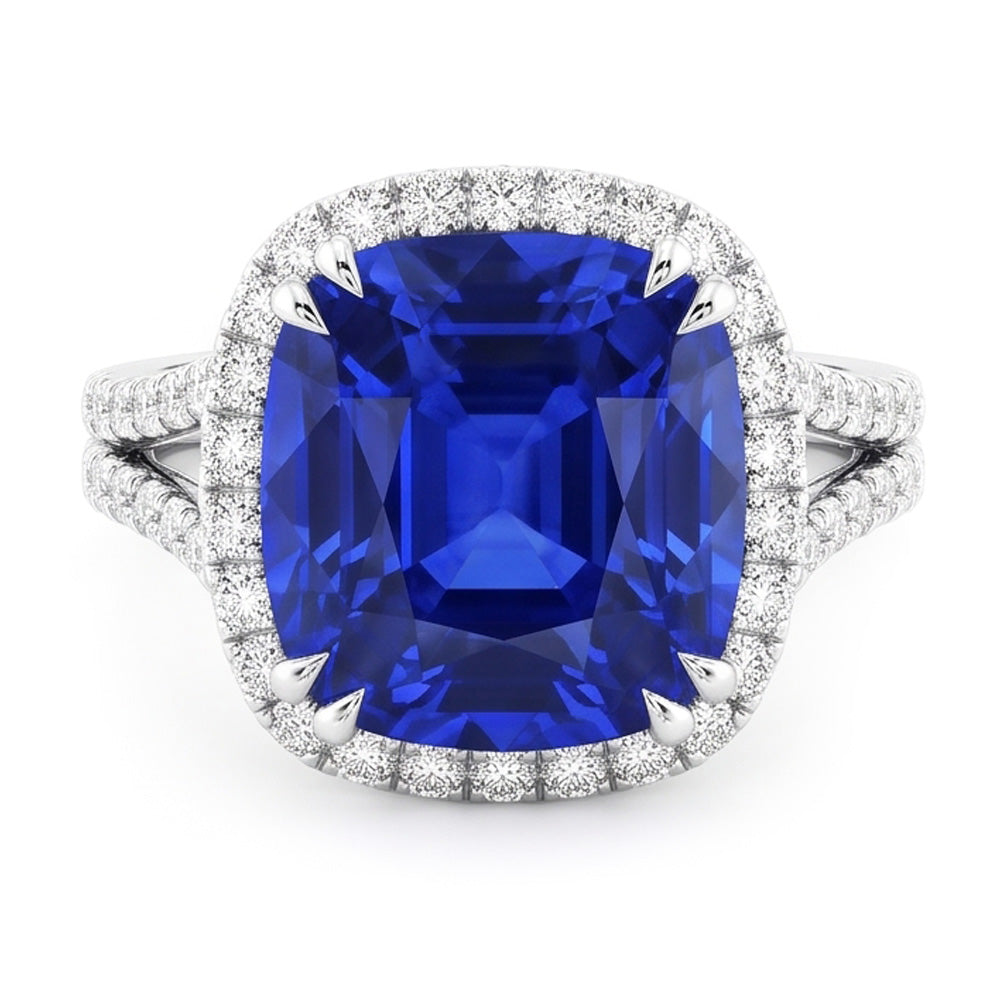 Halo Wedding Ring Set Cushion Sapphire Split Shank Jewelry 6 Carats