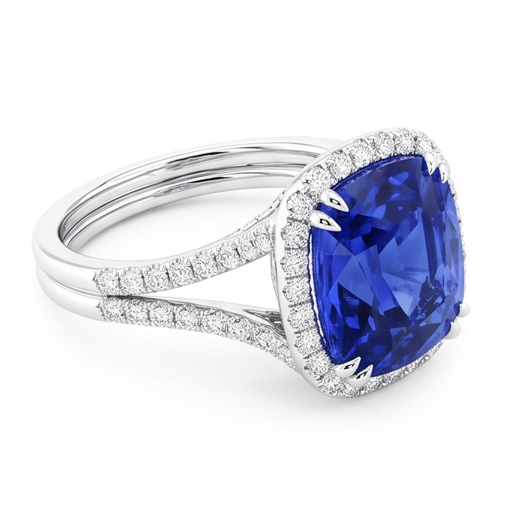 Halo Wedding Ring Set Cushion Sapphire Split Shank Jewelry 6 Carats