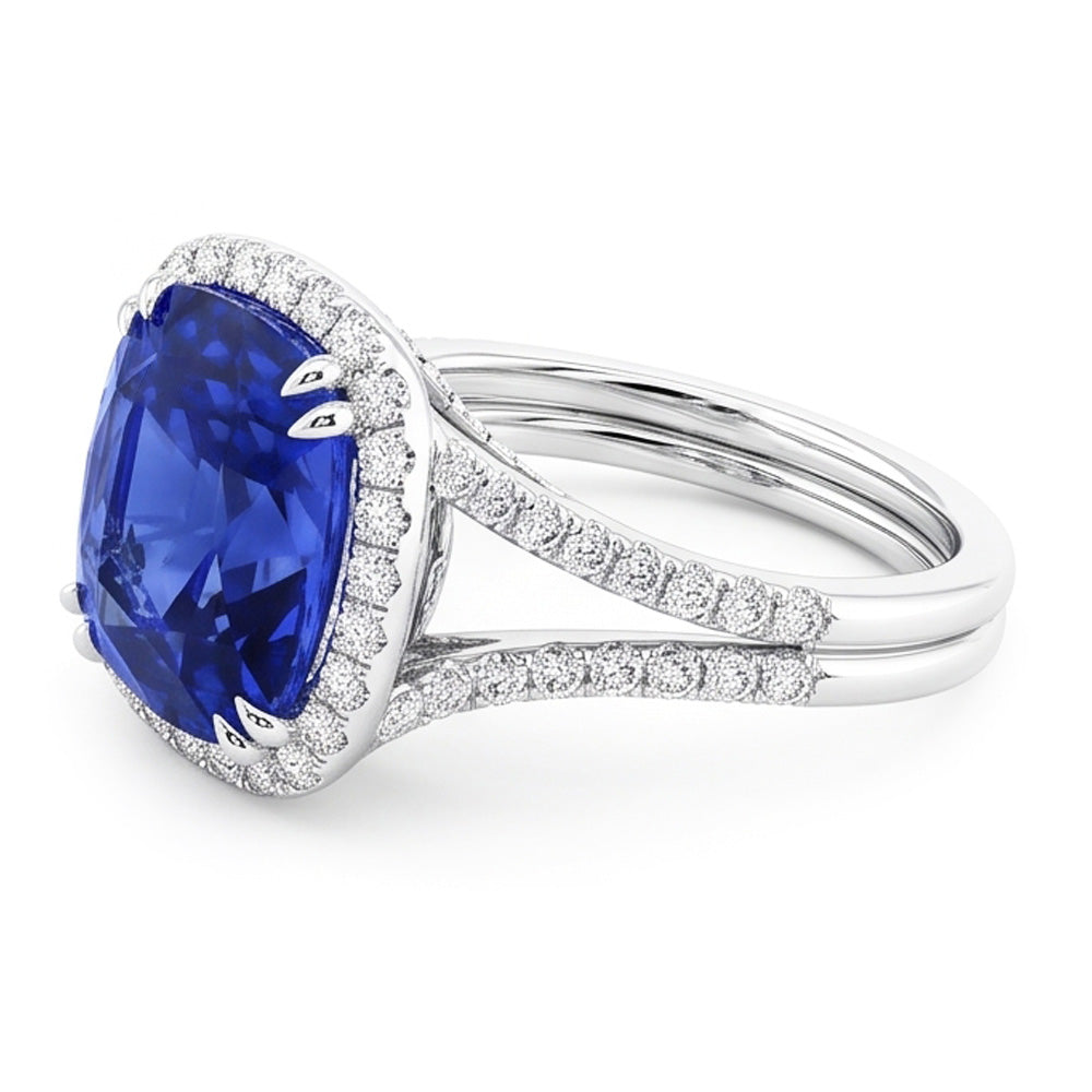 Halo Wedding Ring Set Cushion Sapphire Split Shank Jewelry 6 Carats
