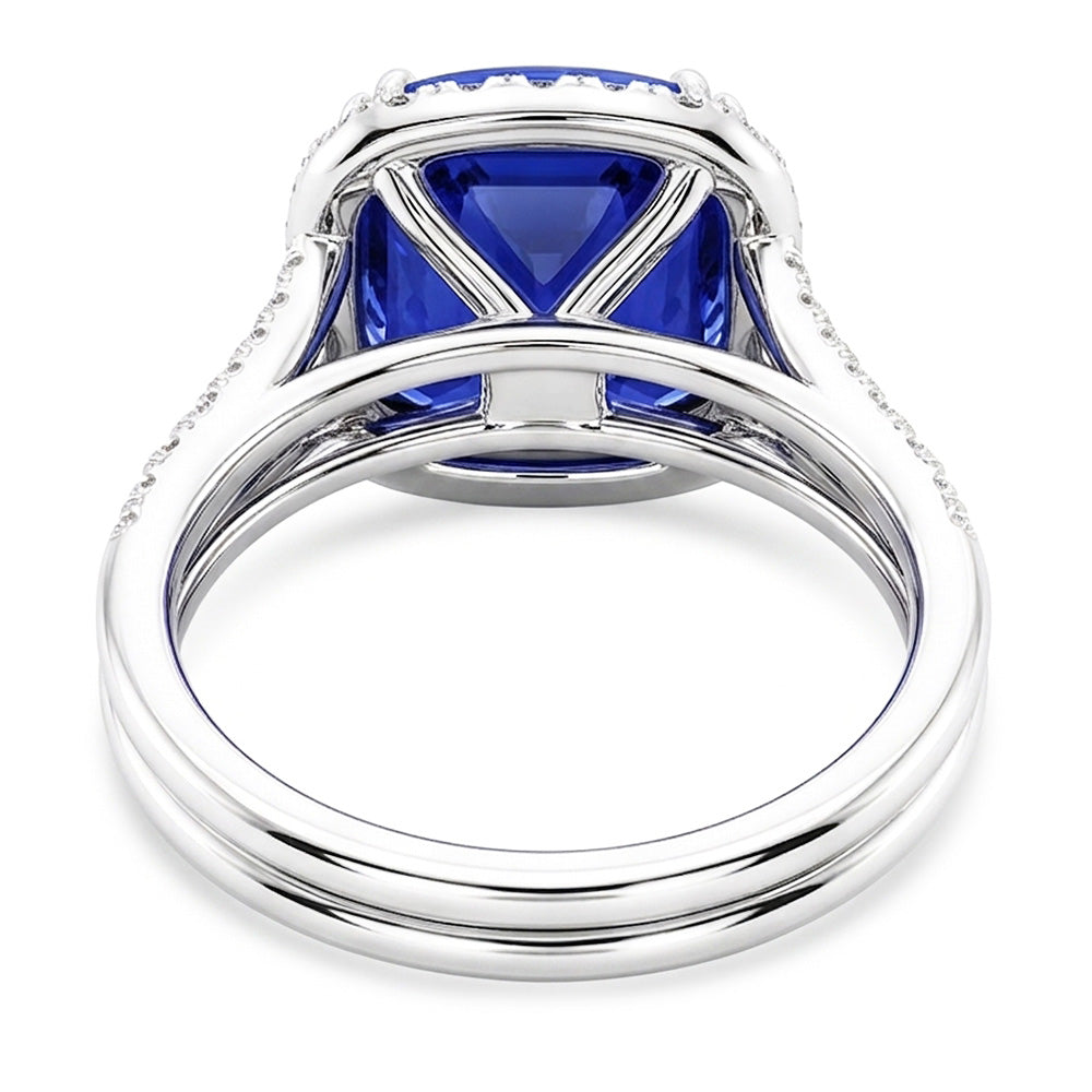 Halo Wedding Ring Set Cushion Sapphire Split Shank Jewelry 6 Carats