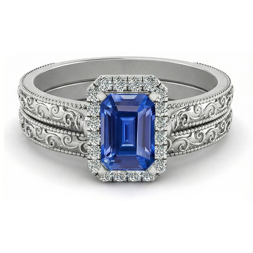 Halo Wedding Ring Set Emerald Blue Sapphire 2.50 Carats Antique Style