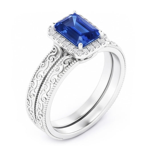 Halo Wedding Ring Set Emerald Blue Sapphire 2.50 Carats Antique Style