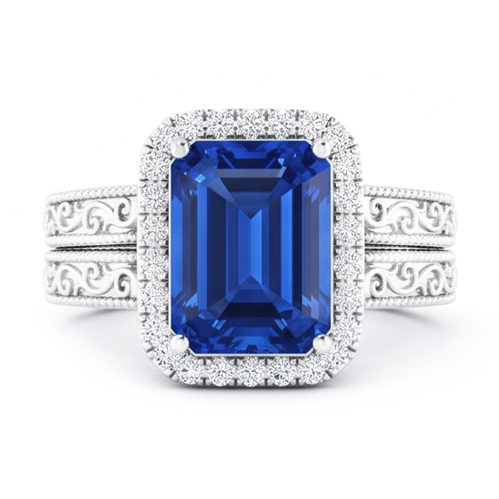 Halo Wedding Ring Set Emerald Blue Sapphire 2.50 Carats Antique Style