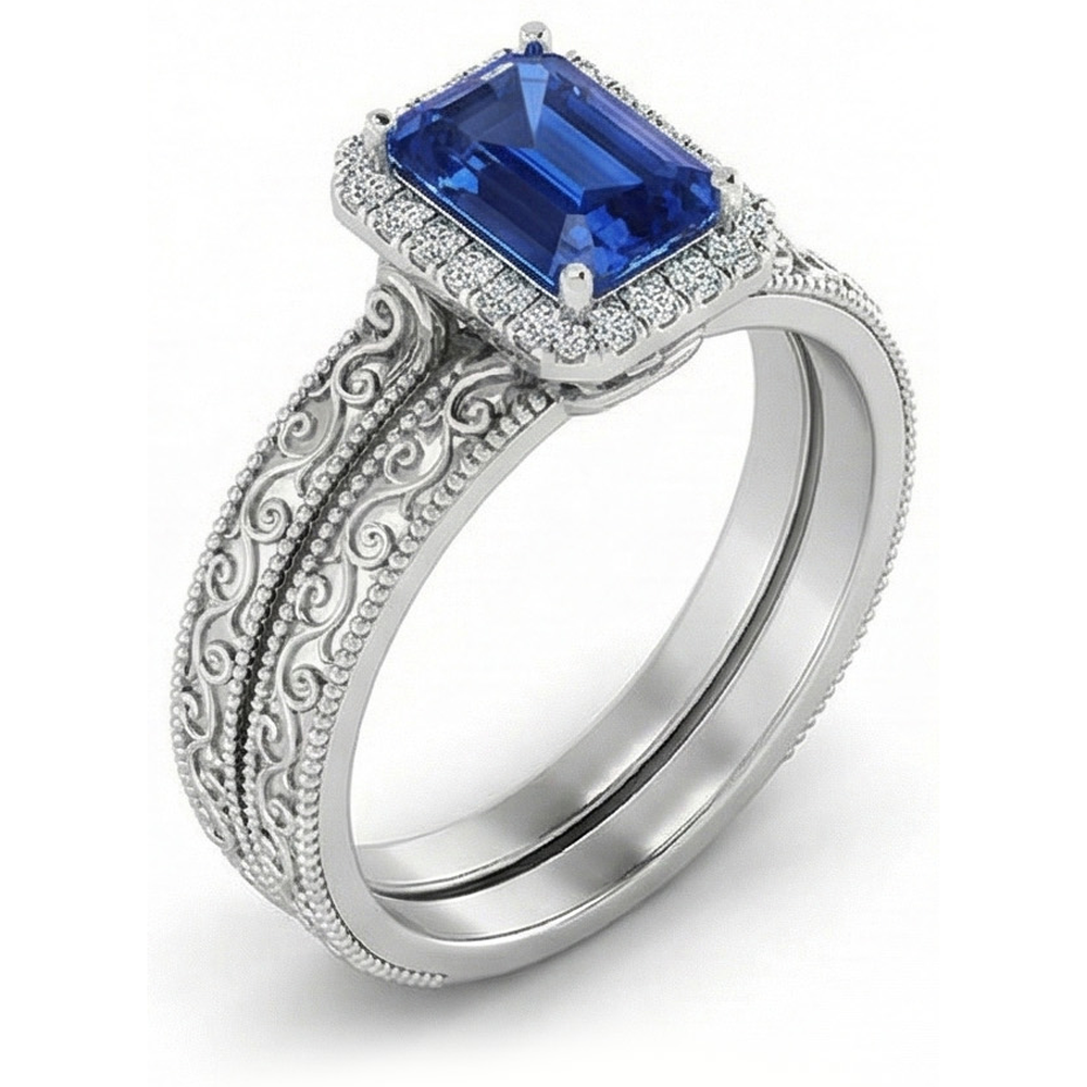 Halo Wedding Ring Set Emerald Blue Sapphire 2.50 Carats Antique Style