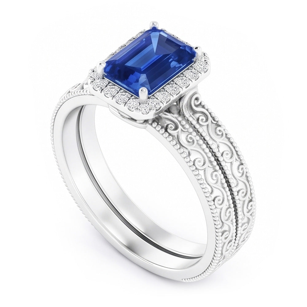 Halo Wedding Ring Set Emerald Blue Sapphire 2.50 Carats Antique Style
