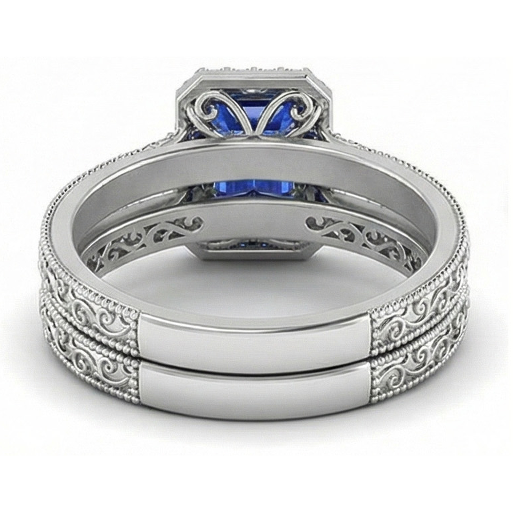 Halo Wedding Ring Set Emerald Blue Sapphire 2.50 Carats Antique Style