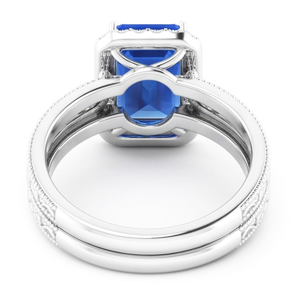 Halo Wedding Ring Set Emerald Blue Sapphire 2.50 Carats Antique Style
