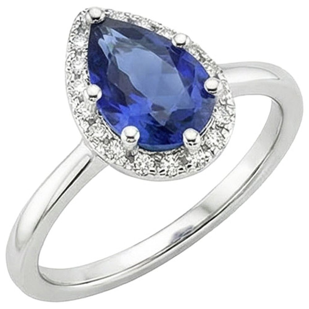 Halo White Gold Ring Pear Blue Sapphire & Natural Earth Mined Diamond ( Not Lab Grown )s 4 Carats
