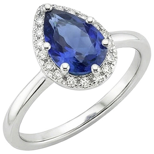 Halo White Gold Ring Pear Blue Sapphire & Natural Earth Mined Diamond ( Not Lab Grown )s 4 Carats