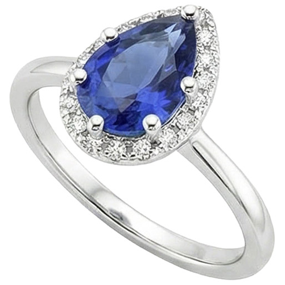 Halo White Gold Ring Pear Blue Sapphire & Natural Earth Mined Diamond ( Not Lab Grown )s 4 Carats