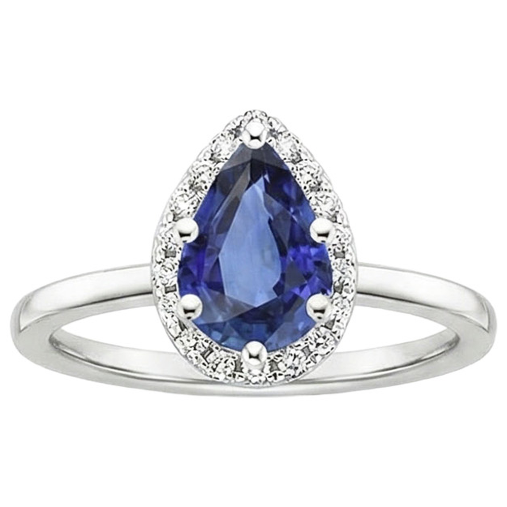 Halo White Gold Ring Pear Blue Sapphire & Natural Earth Mined Diamond ( Not Lab Grown )s 4 Carats