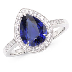 Halo White Gold Ring Pear Pave Set Natural Earth Mined Diamond ( Not Lab Grown ) Blue Sapphire 2.50 Carats