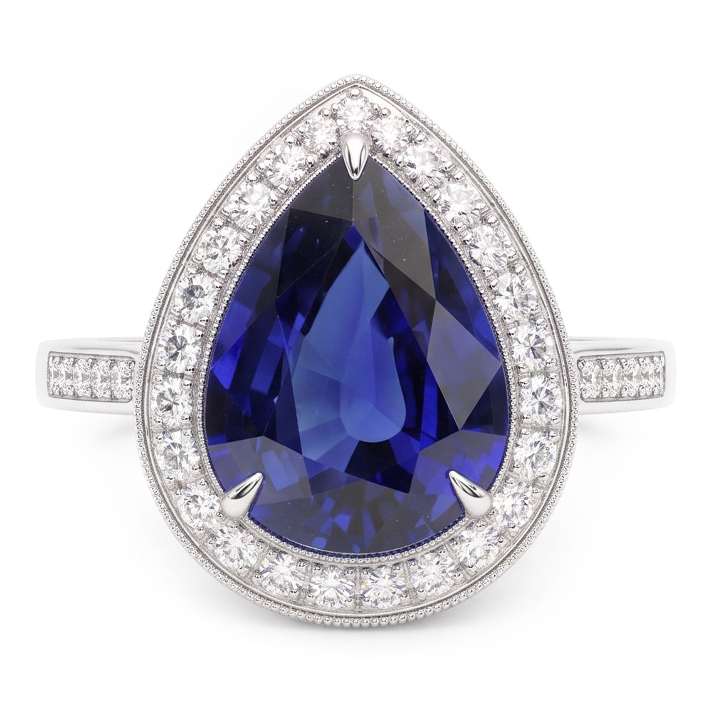 Halo White Gold Ring Pear Pave Set Natural Earth Mined Diamond ( Not Lab Grown ) Blue Sapphire 2.50 Carats