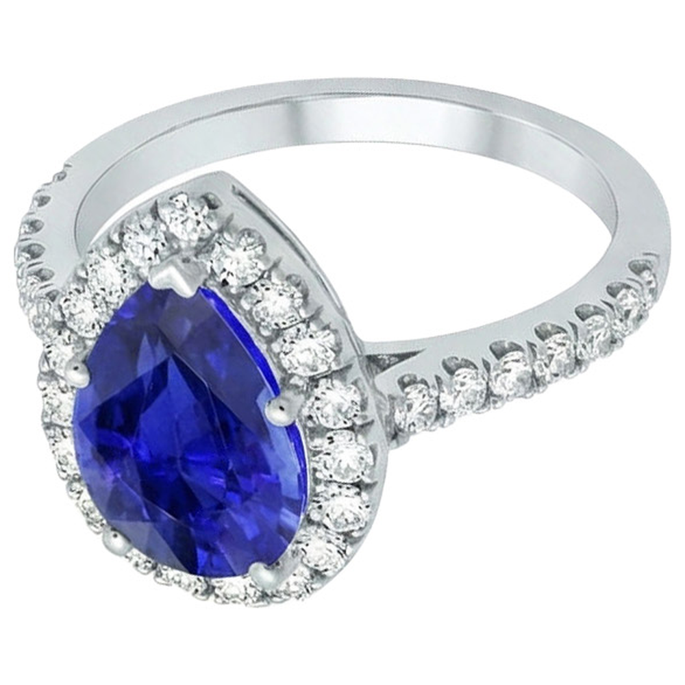 Halo White Gold Ring Pear Sri Lankan Sapphire & Natural Earth Mined Diamond ( Not Lab Grown )s 6 Carats