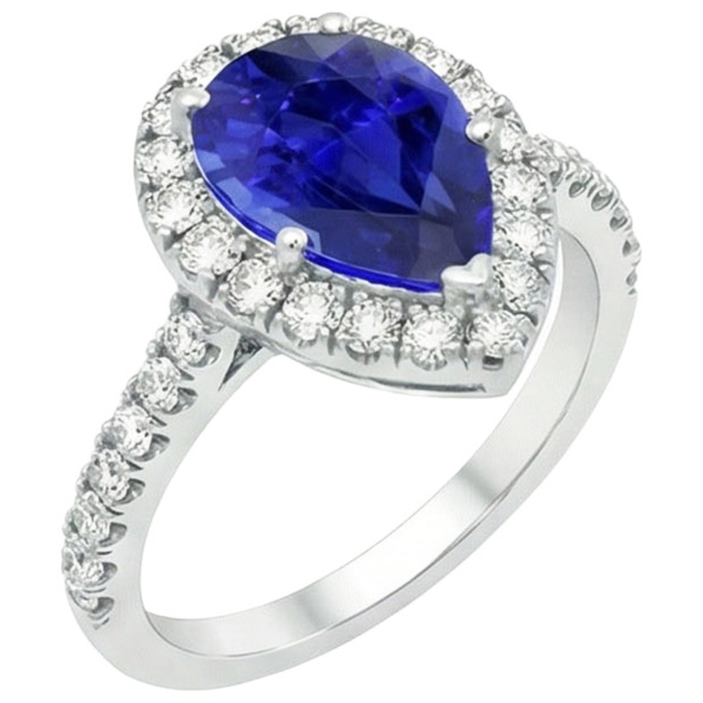 Halo White Gold Ring Pear Sri Lankan Sapphire & Natural Earth Mined Diamond ( Not Lab Grown )s 6 Carats