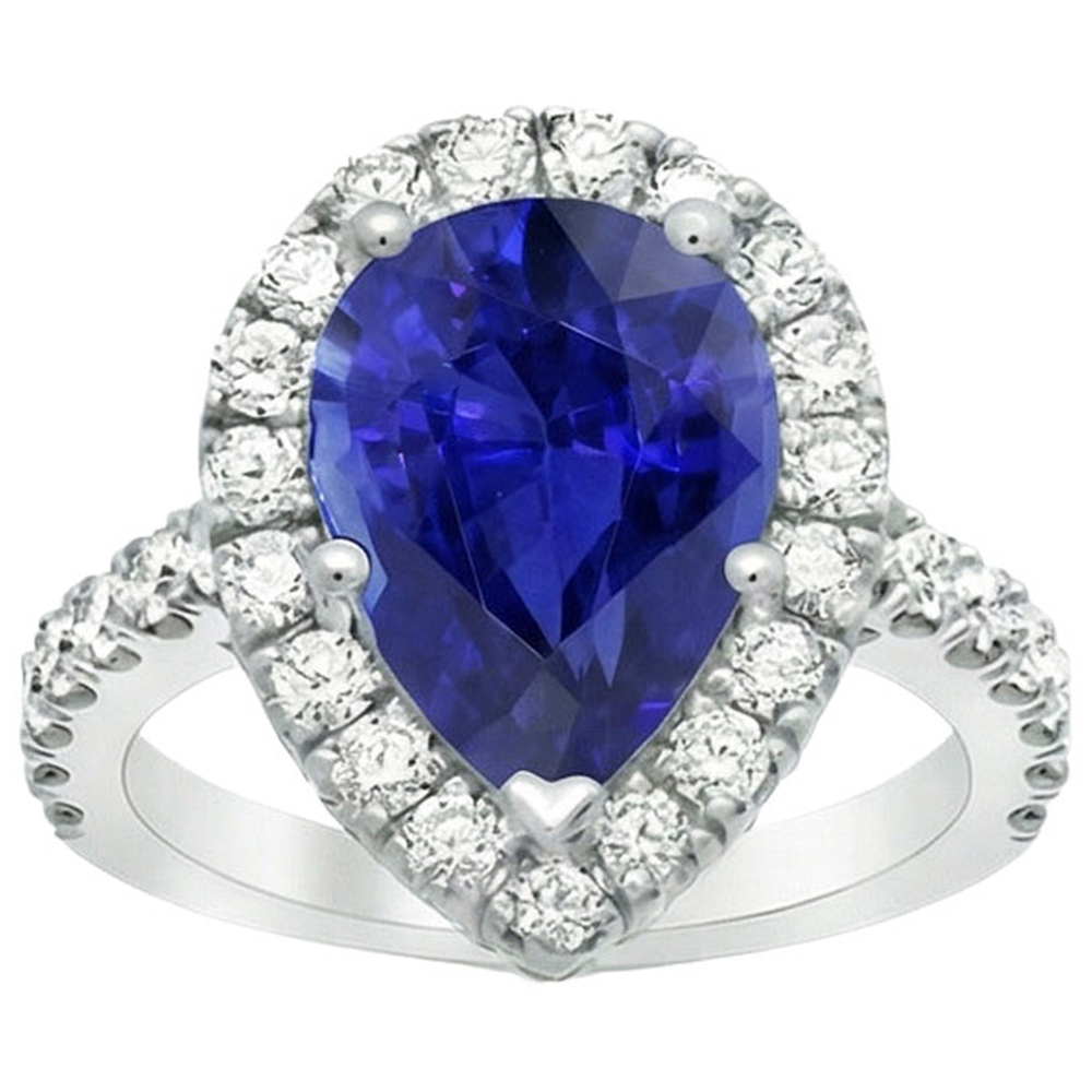 Halo White Gold Ring Pear Sri Lankan Sapphire & Natural Earth Mined Diamond ( Not Lab Grown )s 6 Carats