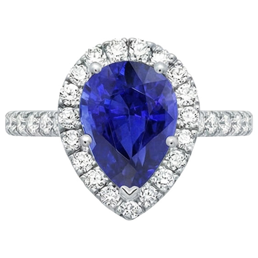 Halo White Gold Ring Pear Sri Lankan Sapphire & Natural Earth Mined Diamond ( Not Lab Grown )s 6 Carats