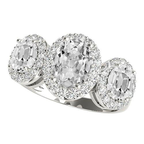 Halo 3 Stone Style Oval Old Cut Genuine Diamond Ring 9.50 Carats White Gold