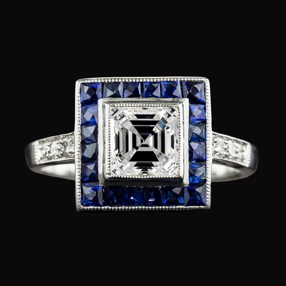 Halo Asscher Real Diamond & Trapezoid Blue Sapphires Ring 5 Carats Gold - Halo Ring-harrychadent.ca
