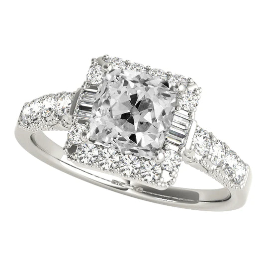 Halo Baguette & Cushion Old Cut Real Diamond Ring Accents 8 Carats