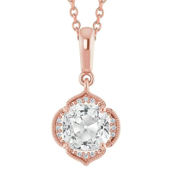 Halo Cushion Old Cut Genuine Diamond Pendant Slide 4 Carats Rose Gold Milgrain