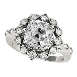 Halo Cushion Old Cut Natural Diamond Ring Flower Style 8.50 Carats Milgrain