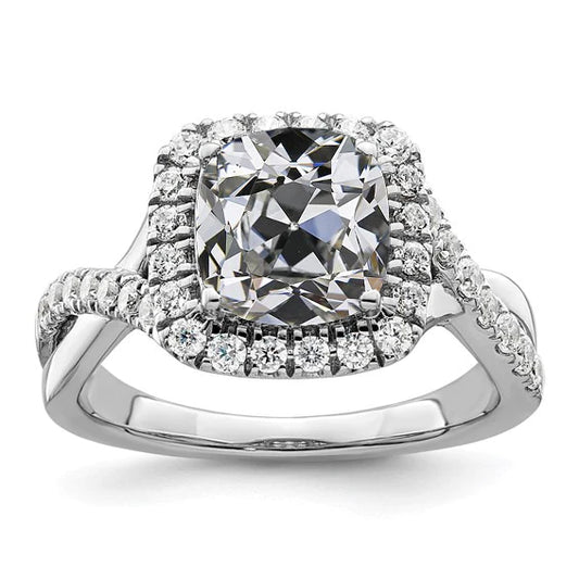 Halo Cushion Old Cut Real Diamond Ring Twisted Shank Gold 6.75 Carats