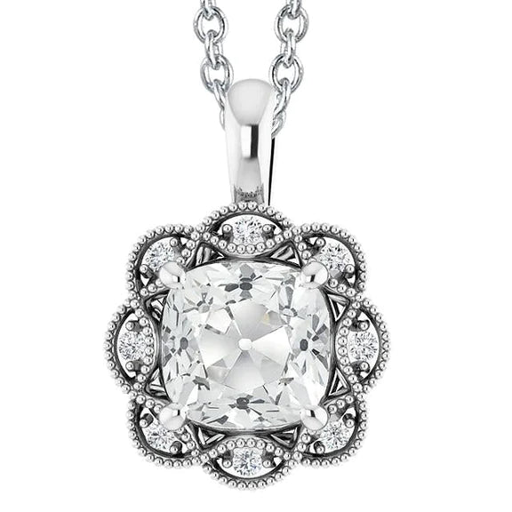 Halo Cushion Old Mine Cut Natural Diamond Slide Pendant 6 Carats Milgrain Gold