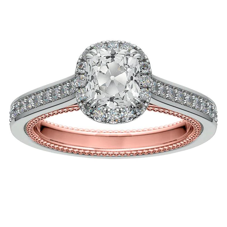 Halo Cushion Old Miner Round Natural Diamond Ring 4.75 Carats Two Tone
