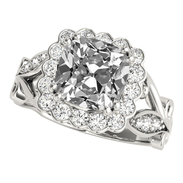 Halo Cushion Real Old Cut Diamond Ring Flower With Leaf Style 9.50 Carats