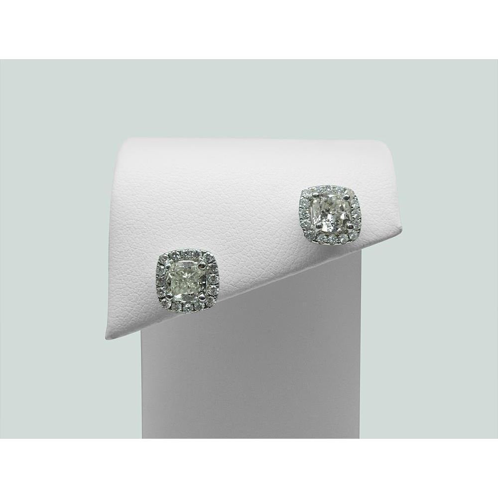 Halo Cushion & Round Cut Real Diamond Stud Earring 2.32 Carat White Gold 14K